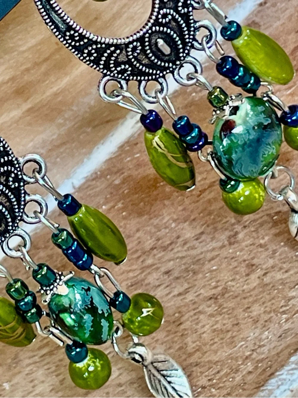 Handcrafted Olive Green Boho Beaded Dangle Earrings with Silver Filigree